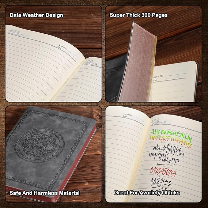2026 Leather Vintage Journal Notebook,300 Pages,Leather Softcover Lined Journal Notebooks for Women Men,Notebook Journals for Writing Travel,Business,Office,Grey