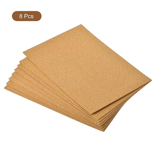 uxcell 8pcs 8.3"" x 11.8"" Self Adhesive Cork Sheets 2mm Thick A4 Rectangle Cork Table Mat Cup Backing Coaster Cork Board Wall Tiles, Brown