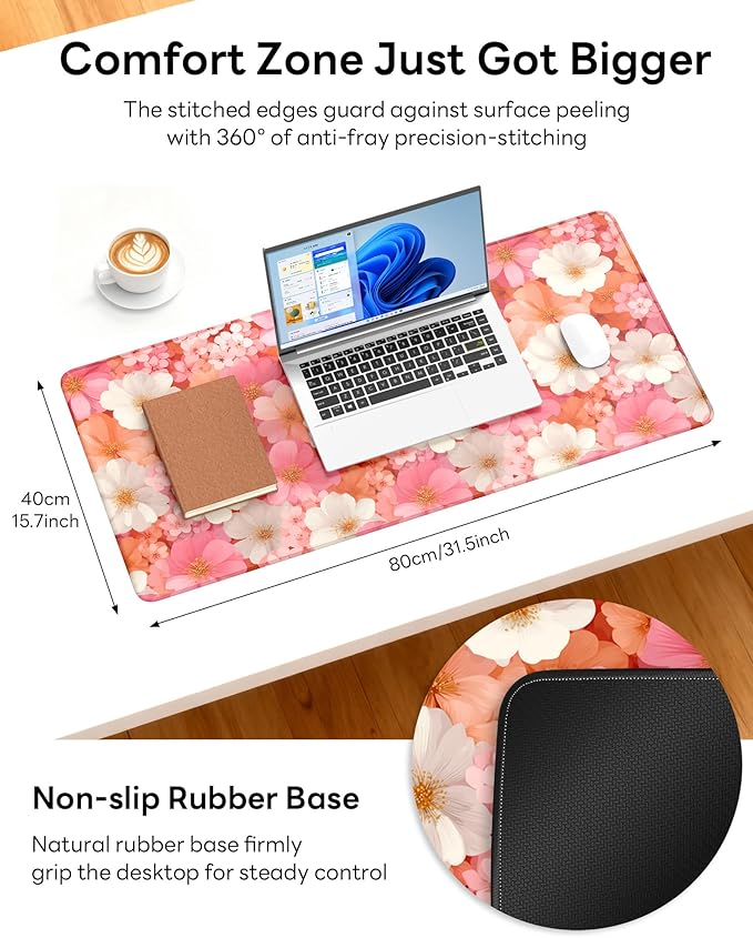 XL Gaming Mouse Pad, 31.5x17.5'' Large Desk Mat with Anti-Slip Rubber Base & Stitched Edges for Gaming, Office, Home - Floral