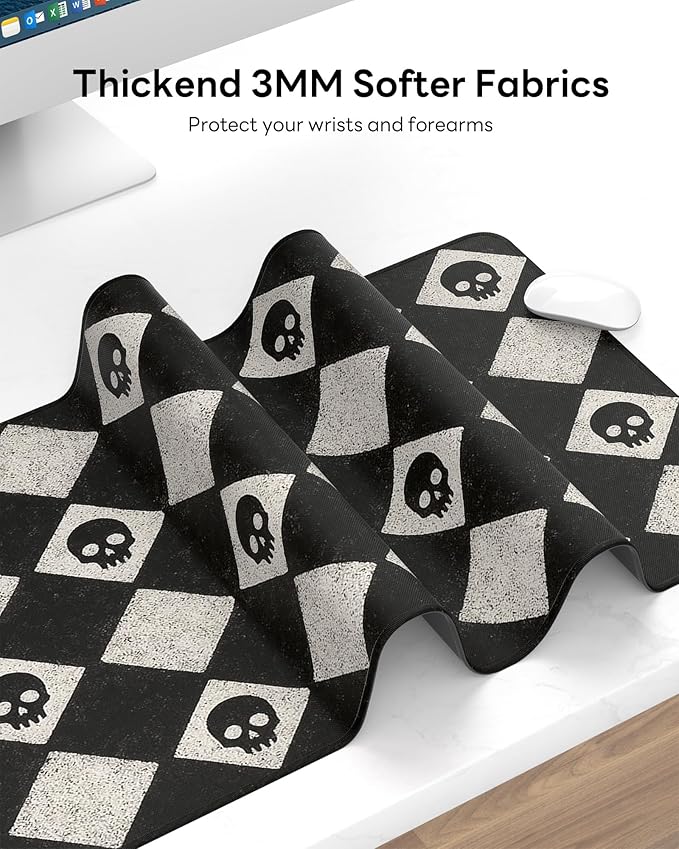 XL Gaming Mouse Pad, 31.5x17.5'' Large Desk Mat with Anti-Slip Rubber Base & Stitched Edges for Gaming, Office, Home - Cute Skulls