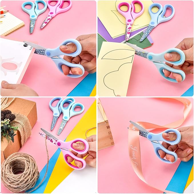 5" Kids Safety Scissors 3 Pack, Blunt-Tip Stainless Steel Blades (Print Design) & Ergonomic Comfort Handles, for Toddlers, Children, Small School Students, Craft Cutting Paper, Assorted Colors