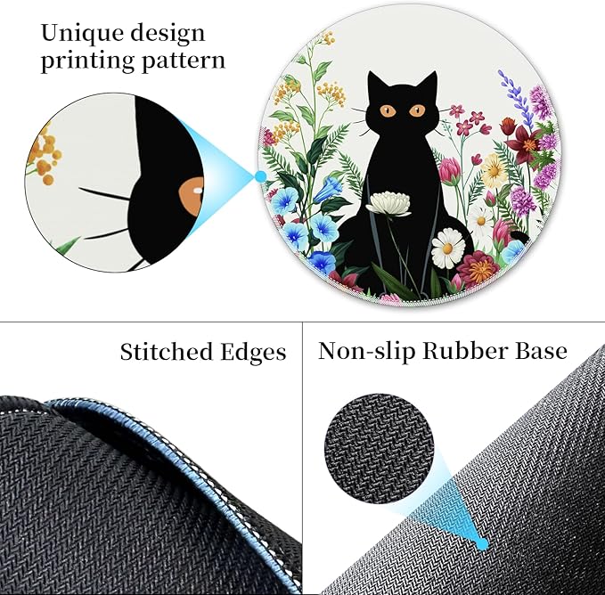 Black Cat Floral Mouse Pad for Desk, Small Cute Mousepad with Non-Slip Base, Round Mouse Pads for Wireless Mouse Laptop Gaming, Computer Mouse Mat for Office Decor Desk Accessories Supplies