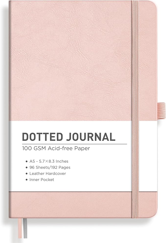 RETTACY Dotted Journal Notebook, 192 Pages, A5 Medium Size (5.7'' x 8.3''), Leather Hardcover, 100 GSM Thick Paper, for Bullet Journaling, Planning, Tracking (Rose Gold)