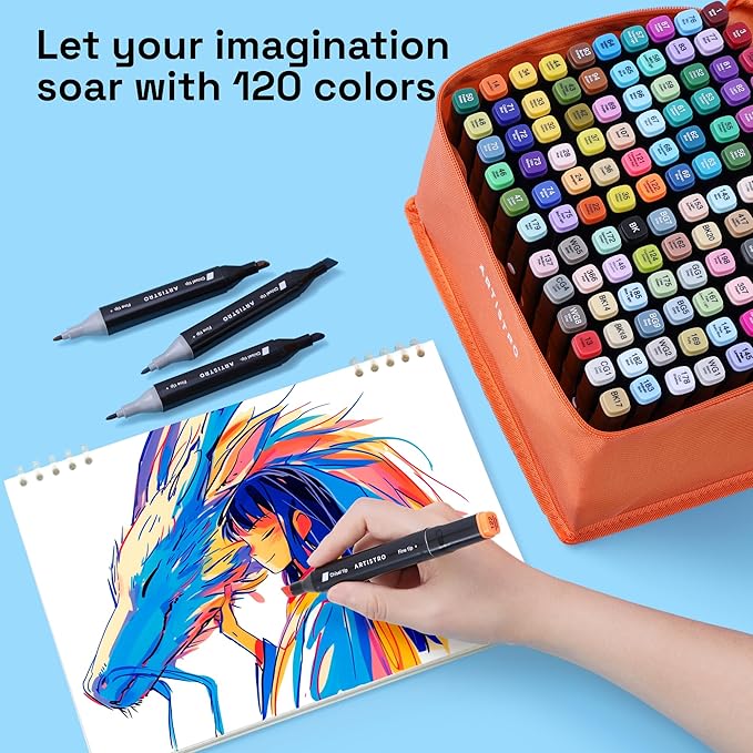 Alcohol Dual Tip Markers Set of 120 with No Bleed Ink, Bonus Case and Vibrant Fade-Resistant Colors, Art Supplies for Sketching, Manga, Drawing, Adult Coloring Books, Card Making (Fine & Chisel)