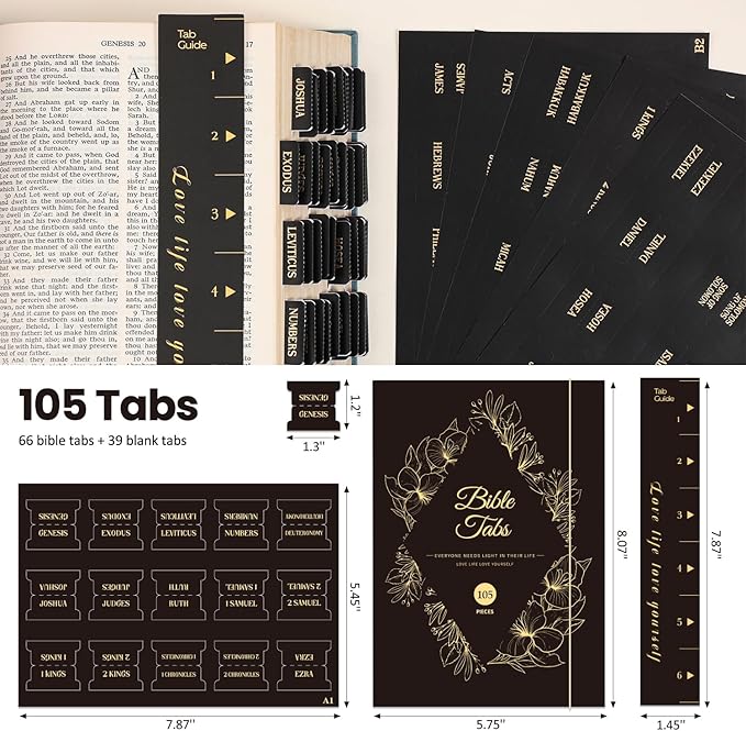 Laminated Bible Tabs, Gold Foil Embossed Lettering Bible Chapter Index Tabs for Women Men, Reposition Large Print Sticky Labels, Easy to Read and Apply, 105Chapters Labels for Easy Navigation (Black)