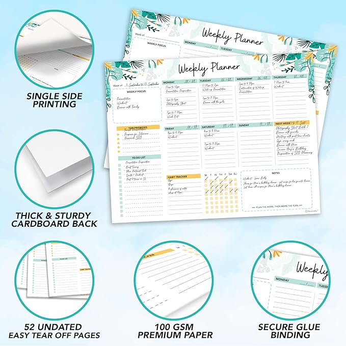 Decorably 52 Sheets Mint Green Undated Weekly Planner Notepad - 6.5x10in Spring-Bound Pad, for Focus, Priorities, to-Do List, Habit Tracker, Agenda, Notes - Home, School, Office