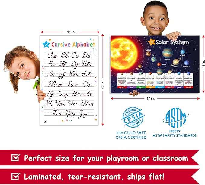 26 Set of 50 Educational Posters for Kids - Multiplication Chart, Alphabet, Periodic Table, USA Map, World Map, Solar System, Parts of Speech, Sight Words Poster, Homeschool Supplies, Classroom Decor, Decorations - Laminated & Flat, 17x11