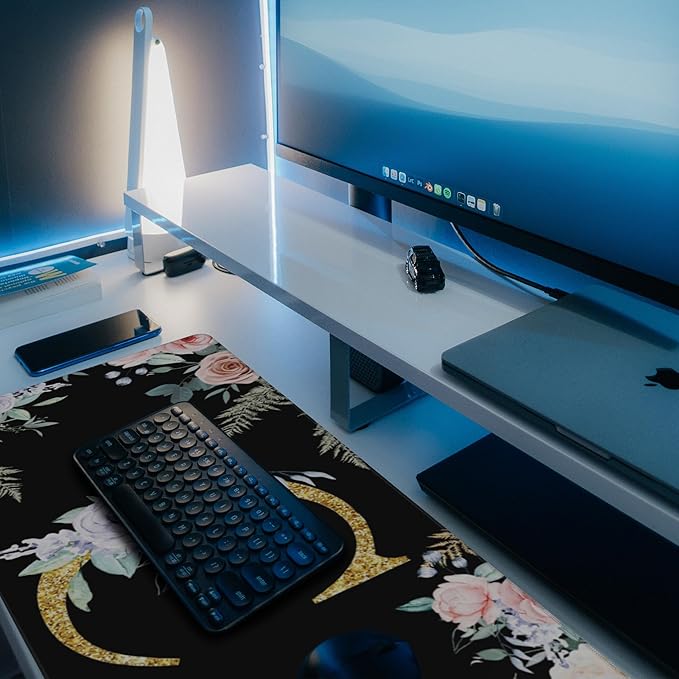 Desk Mat, Flower Golden Letters C Extended Gaming Mouse Pad Large, 35.4"x15.7" Big Mouse Pad with Non-Slip Base and Stitched Edge, Long Computer Keyboard Mouse Mat for Home Office Work