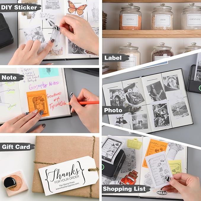 cudinham Print Pods Mini Printer, Sticker Printer with 10 Rolls Thermal Printing Paper, Inkless Pocket Printpod for Phone, Impresora Portátil for Notes, DIY, Compatible with iOS & Android (Black)