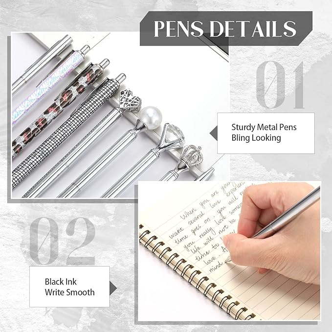 Janmini 9 Pcs Ballpoint Pens Set Metal Crystal Diamond Glitter Pens for Journaling Black Ink Pretty Cute Things Fancy Stationery Gifts for Women Girls Birthday Home Office Desk(Silver)
