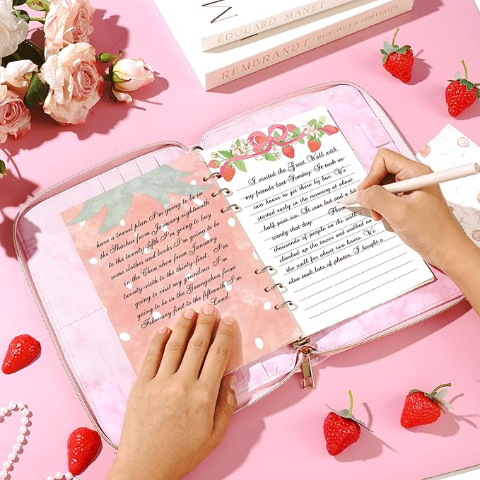 100 Sheets Strawberry A5 Refills Papers for Planner Insert Binder, 120GSM Thick Watercolor Strawberry Pink Bow Notebook Fillers, Cute Fruit 6 Hole Loose Leaf Papers for A5 6 Ring Binder Journal Diary