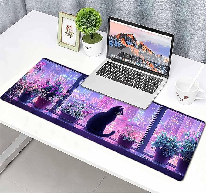Modern Black Cat City Night Scenery Large Mouse Pad, Desk Mat Computer Keyboard Pad Non-Slip Rubber Base Waterproof with Stitched Edges for Laptop Gaming, Office & Home 31.5 x 11.8 Inch (XL-18)