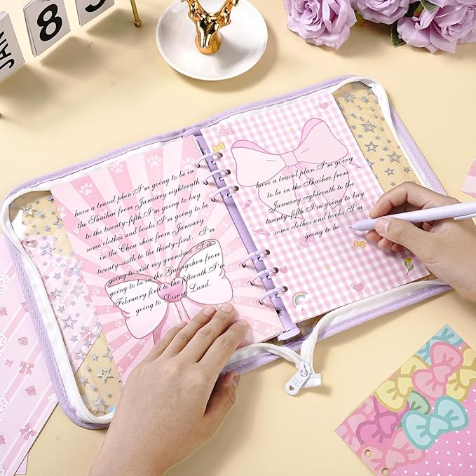 100 Sheets Pink Bow A5 Planner Inserts - 120GSM Thick Bowknot Refill Papers for A5 6-Ring Binder, Cute Cartoon Cat Loose Leaf Sheets for Journal Diary Creative Planning Budget Girls Women