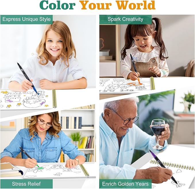 Easy Creative Coloring Book Set for Adults with 30 Patterns, 36 Color Markers, 10 Hangable Coloring Cards & 5 Premium Blank Watercolor Papers - Arts and Crafts Gift for Relaxation