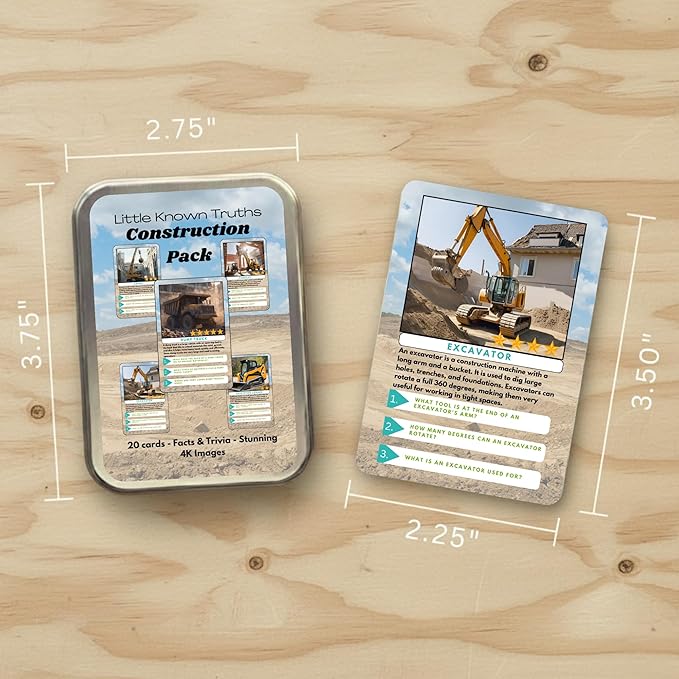 Construction Vehicle Trivia Flash Cards for Kids Ages 3+ | Educational Learning Cards with Trucks & Machines, STEM Fact Cards in Metal Tin, Screen-Free Travel Toy