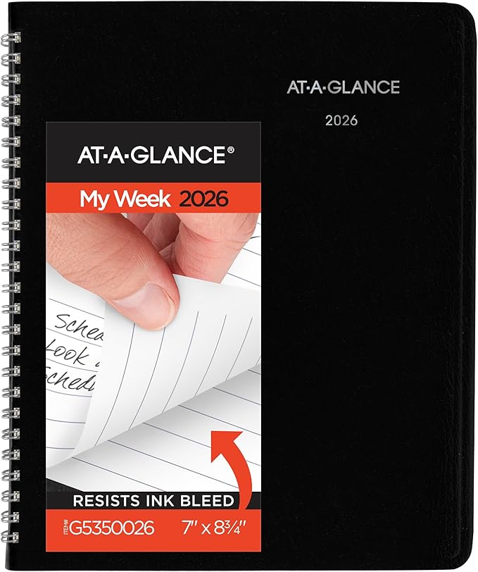 AT-A-GLANCE 2026 Planner, Weekly, 7" x 8-3/4", Medium, Block-Style, DayMinder, Black (G5350026)