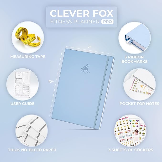 Clever Fox Fitness Journal PRO – Daily Workout Planner with Meal Planner & Habit Tracker – Gym Exercise Log Book for Women & Men – Fitness Planner Notebook – Lasts 6 Months, 7x10” - Light Blue