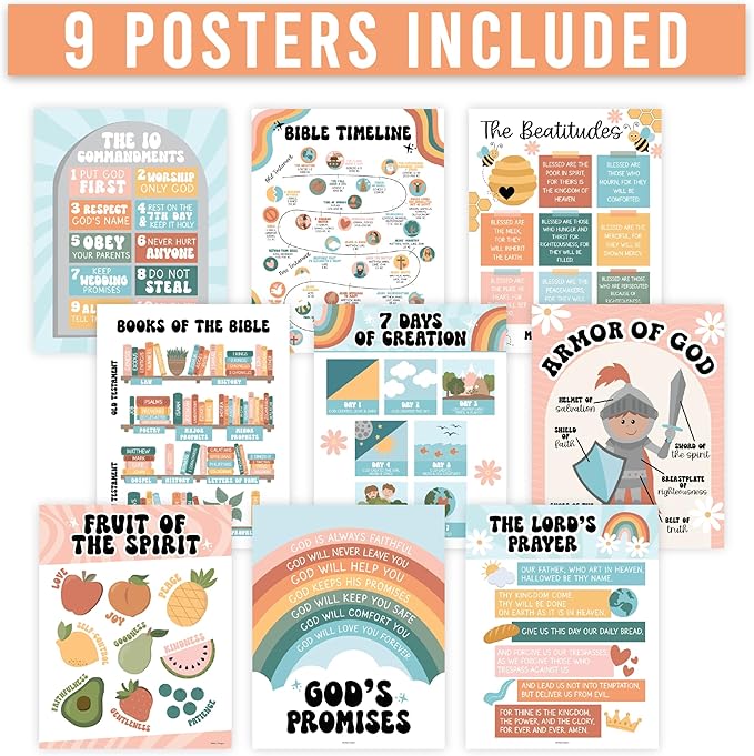 Hadley Designs Sunday School Decorations for Classroom – 9 Bible Posters for Kids, 11x14in Books of the Bible Poster, 10 Commandments, Fruits of the Spirit & More – Retro Christian Classroom Decor