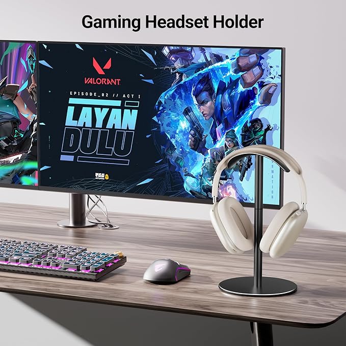 Aluminum Alloy Headphone Stand for Desk, Gaming Headset Holder with Non-Slip Weighted Base, Compatible with AirPods Max and Over-Ear Headsets, Space-Saving Design (Black)