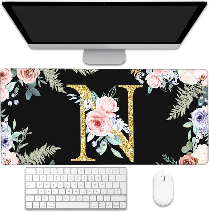 Desk Pad, Flower Golden Letters N Extended Gaming Mouse Pad Large, 35.4"x15.7" Big Mouse Pad with Non-Slip Base and Stitched Edge, Long Computer Keyboard Mouse Mat for Home Office Work