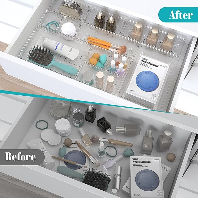 33 PCS Clear Plastic Drawer Organizers Set, 4 Size Desk Drawer Organizer Trays for Makeup, Jewelry, Kitchen Utensils, Gadgets and Office Accessories