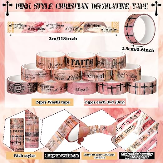 Janlaugh 24 Rolls Christian Washi Tape Gifts Bulk Religious Inspirational Scripture Supplies Pink Bible Verse Washi Tape for Bible Journaling Study DIY Crafting Valentine's Day Gifts