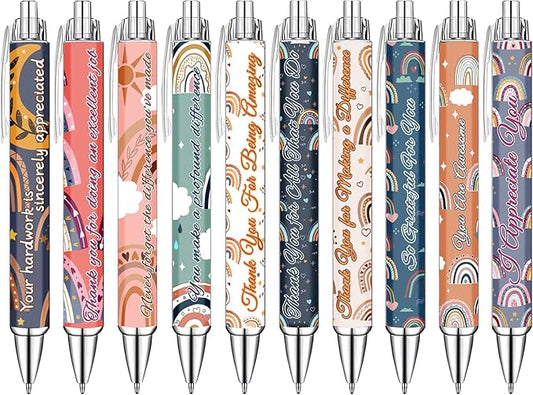 Idealmuzik Employee Appreciation Ballpoint Pens, 10 Pack – Bohemian Rainbow Inspirational Pens with Encouraging Quotes – Smooth Writing Pens for Office, Team Gifts, Staff Recognition, and Daily Use