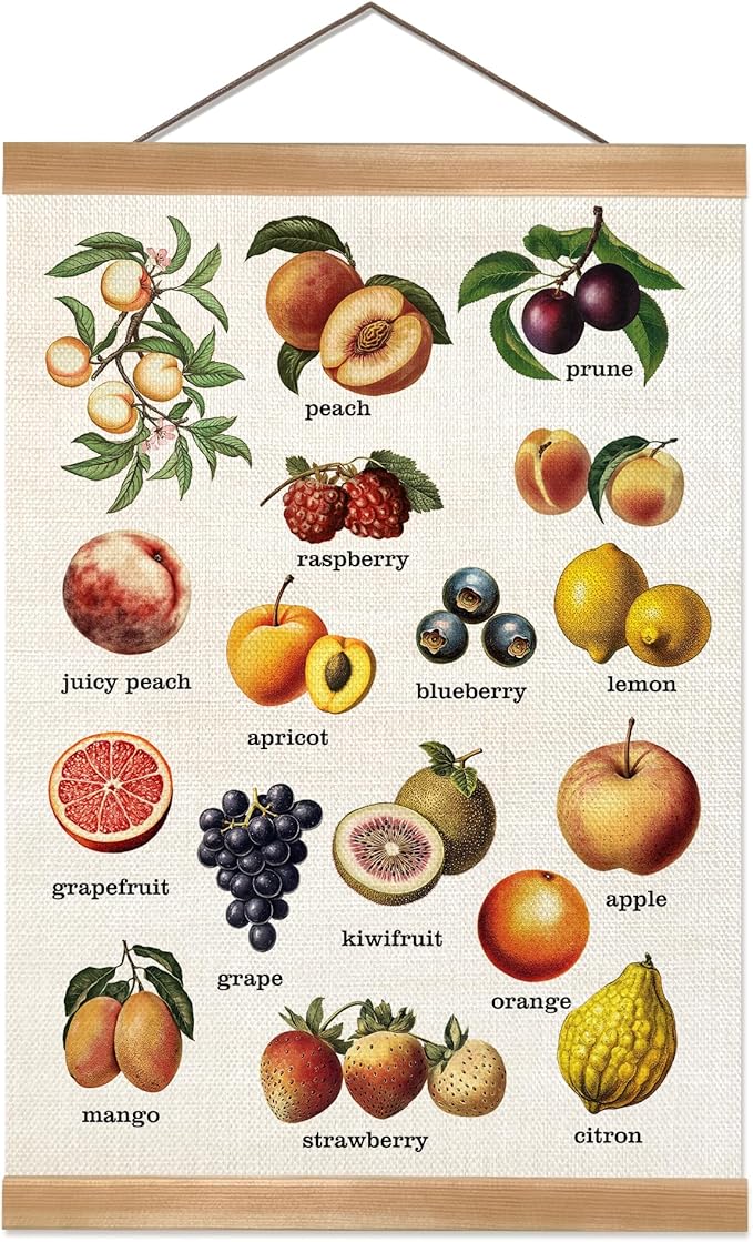 ZTGDA Vintage Fruit Wall Art Poster,Educational Hanging Canvas with Botanical Fruit Illustrations and Labels, Linen Canvas Print for Kitchen, Dining Room, or Classroom Decor 12x16In (Fruits)