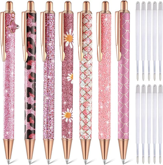 Sherr 7 Pcs Fancy Pens for Women Cute Sparkly Glitter Pens with 10 Pcs Black Ink Refills Pretty Gifts for Girls Office School Christmas Graduation(Cute)