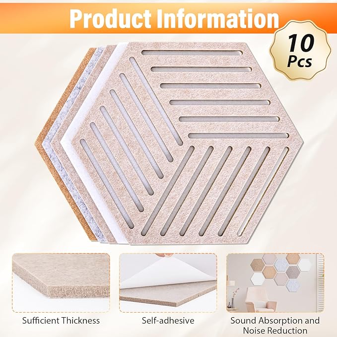 Hexagon Cork Board Tiles 10 Pack 12'' x 10'' Cork Bulletin Boards Tiles for Walls, Hexagon Small Cork Boards with 50 Wooden Push Pins, for Office Home Photos DIY Classroom Decor