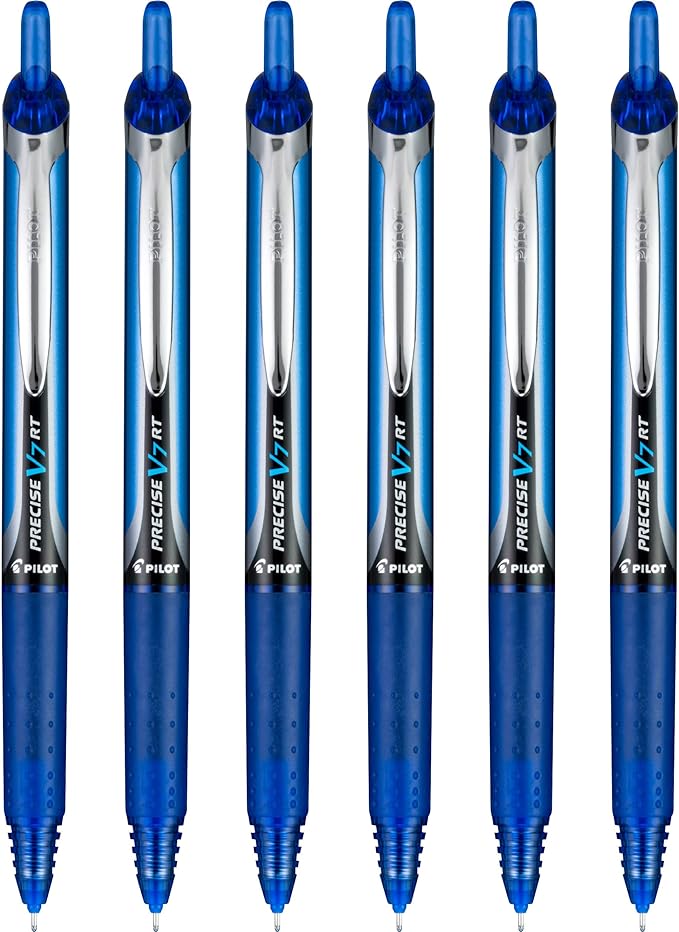 Pilot Precise V7 RT Refillable & Retractable Liquid Ink Rollerball Pens, Blue Ink Pens, Fine Point (0.7 mm), 6-Pack - Ideal for School, Journaling, and Office Writing