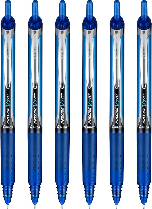 Pilot Precise V7 RT Refillable & Retractable Liquid Ink Rollerball Pens, Blue Ink Pens, Fine Point (0.7 mm), 6-Pack - Ideal for School, Journaling, and Office Writing