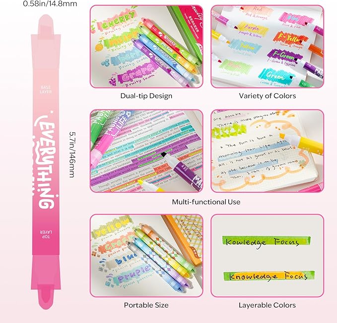 Dual Tip Pastel Highlighters, 8 Colors, 4-Pack, No Bleed Quick Dry Ink, Chisel and Bullet Tips (DOpamine+macarom).
