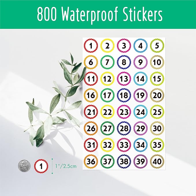 800 PCS 1-40 Number Stickers, Polka Dot Water/Oil/Tear Resistant Consecutive Number Labels, Remove Without Residue for Indoor, Outdoor, Office, Classroom, Storage, Organizing, Boxes (1”, 20 Sheets)