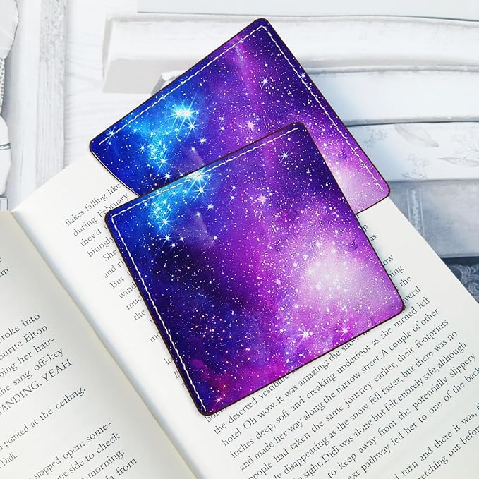 2 Pack Purple Starry Sky Leather Book Corner Bookmark, Durable Handmade Reading Accessories - Gifts for Readers, Women, Men, Teachers, Students