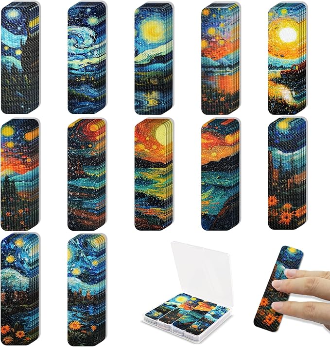 48 Pieces Anxiety Sensory Stickers with Storage Box - Sensory Strips 2 Textured Surface Adhesives Fidget Strips for Office & Classroom Desk Relieve Adult & Teen Stress (Oil Painting Style)