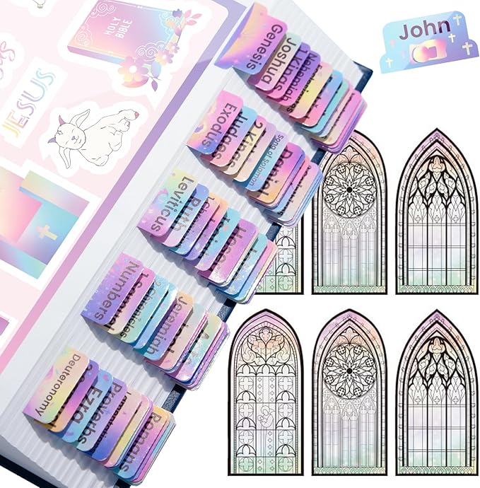 Bible Tabs with Unique Stickers, Laminated Bible Tabs for Women & Men, Christian Gifts, Large Print Bible Tabs for Easy Navigation, Bible Book Index Tabs Labels, Bible Study Supplies, Rainbow4 SQ3