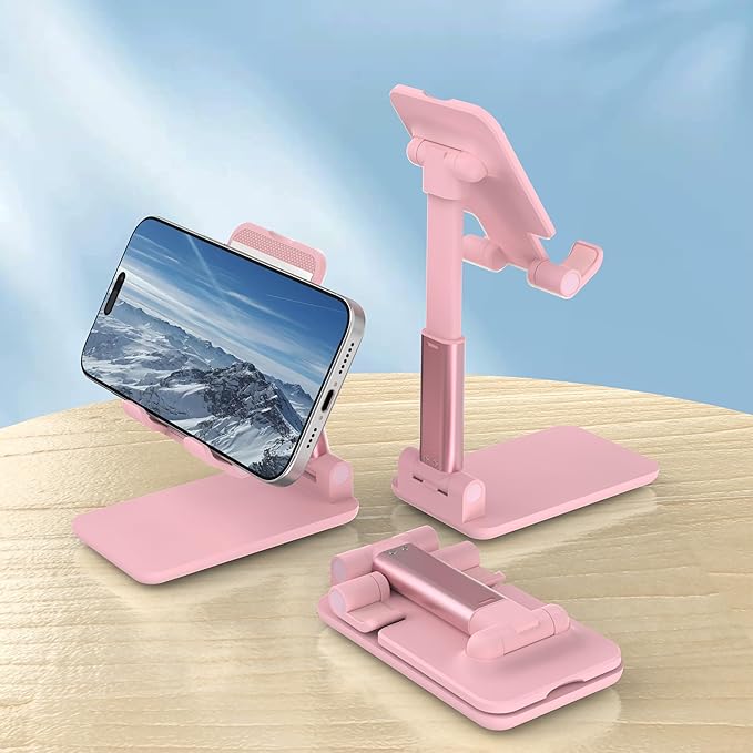 Cell Phone Stand, Angle Height Adjustable Cell Phone Holder for Desk, Fully Foldable with Silicone Pad, Compatible with iPhone and All Mobile Phones Tablet, Sturdy Weighted Base (Pink-2)