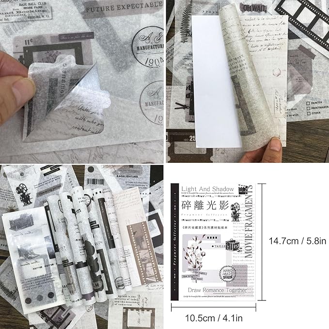Vintage Washi Stickers Book for Journaling, 180pcs Aesthetic Film Journal Stickers and 20 Sheets Adhesive Scrapbook Papers for Junk Journal Supplies Ephemera Sticker Book for Adults DIY Art Crafts