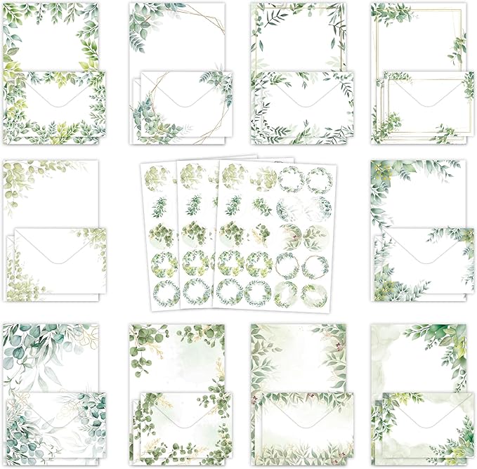160 Packs Stationery Paper Set (50 Single-Sided Stationery Writing Papers 50 Matching Envelopes) 60 Round Dot Sticker, 10 Design Green Letter Paper Vintage Stationary Stes,5.5 x 8.25 Inch.