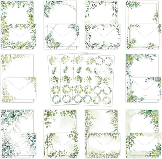 160 Packs Stationery Paper Set (50 Single-Sided Stationery Writing Papers 50 Matching Envelopes) 60 Round Dot Sticker, 10 Design Green Letter Paper Vintage Stationary Stes,5.5 x 8.25 Inch.