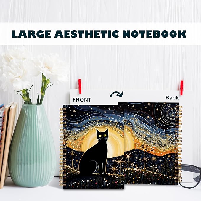 BearCake Starry Night Black Cat Notebook, Cat Gifts for Women Cat Lovers, Black Cat Gifts, Cat Journal, Cat Mom Gifts, Cat Lady Gifts, Cute Notebook, Hardcover Spiral Notebook 5.5x8.3