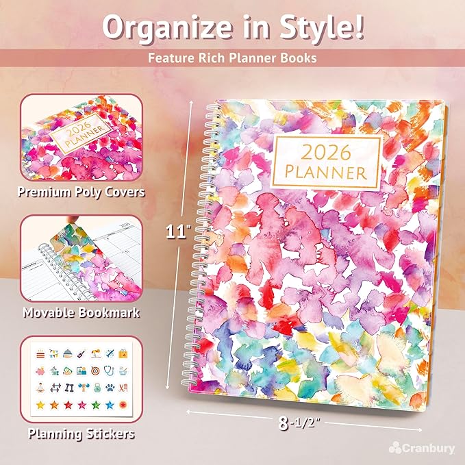 CRANBURY Large Planner 2026, 8.5x11 Weekly Monthly Calendar Agenda, from Jan to Dec Daily Organizer, Watercolor Theme, Spiral Bound Planner with Tabs