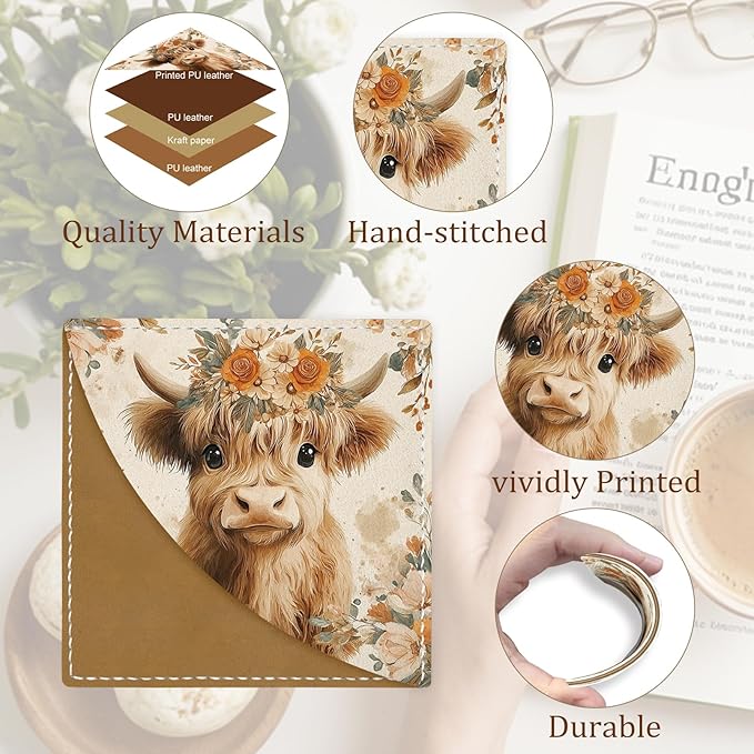 Cute Highland Cow Corner Bookmarks, Funny Leather Book Accessories for Book Lovers, 3 Pcs Reading Book Page Markers for Women Men Student Teacher Retirement Birthday Gifts