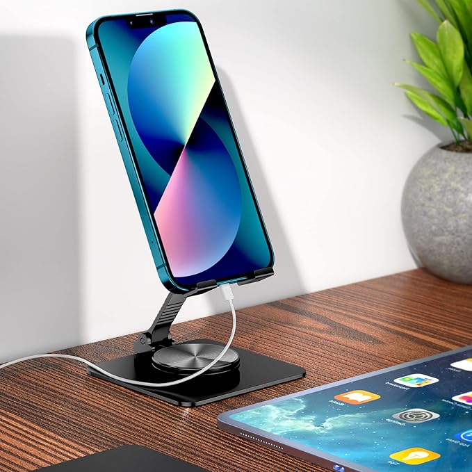 360 Rotatable Foldable Phone Stand for Desk,Fully Adjustable Desktop Phone Holder Cradle Dock Compatible with iPhone 17 16 15 14 13 12 11 Pro Max,Tablets,All Phones(Black)