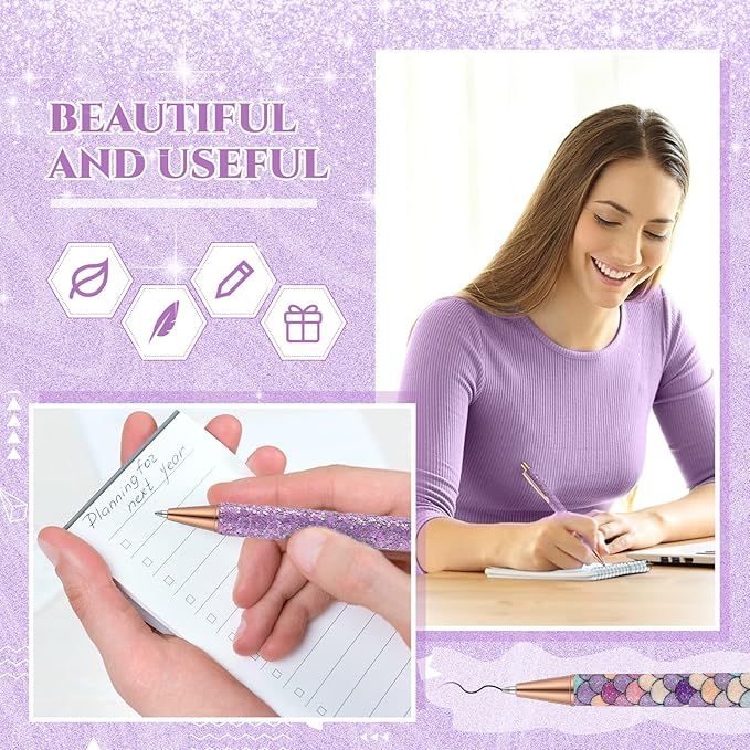 Sherr 7 Pcs Fancy Pens for Women Cute Sparkly Glitter Pens with 10 Pcs Black Ink Refills Pretty Gifts for Girls Office School Christmas Graduation(Stylish)
