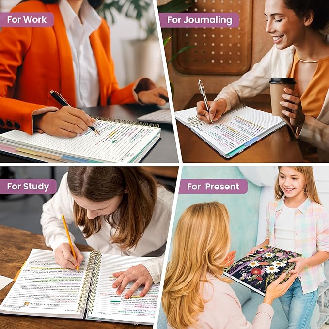 Large Spiral Lined Notebooks for Work with Removable Dividers & Tabs, 8.5"x11" Pretty Hardcover 5 Subject Notebook Journal for Women, College Ruled, Perfect for Study & Office Organization, 280 Pages, Wild Bloom