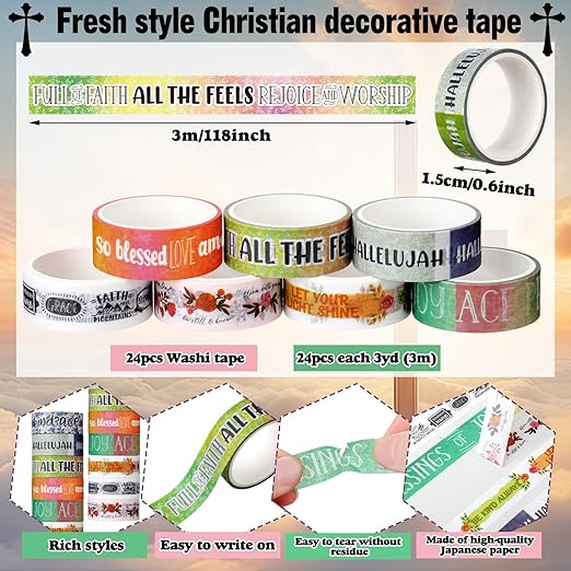Janlaugh 24 Rolls Christian Washi Tape Gifts Bulk Religious Inspirational Scripture Supplies Vintage Bible Verse Washi Tape for Bible Journaling Study Crafting Spring Easter Gifts Favors