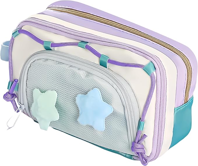 Portable Multi-Layer Kawaii Pencil Case Organizer - Large Capacity Color Block Design Pen Pouch Supplies - Cute Functional Bag (Purple)