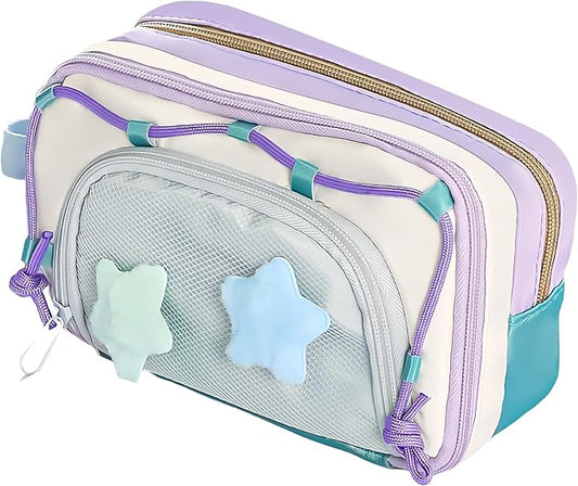Portable Multi-Layer Kawaii Pencil Case Organizer - Large Capacity Color Block Design Pen Pouch Supplies - Cute Functional Bag (Purple)